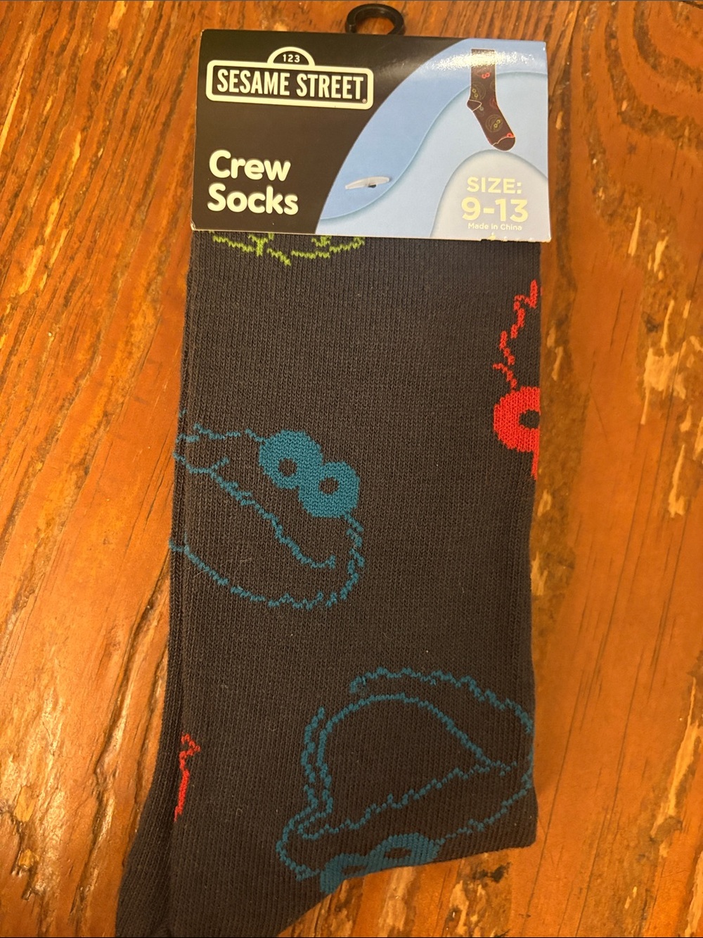 Sesame Street Men’s Crew Socks in Black with Blue, Red & Green Accents